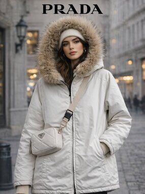 PRADA Sport Linea Rossa Gore-Tex Jacket Womens 42 White Real Fur Hood Nylon Coat